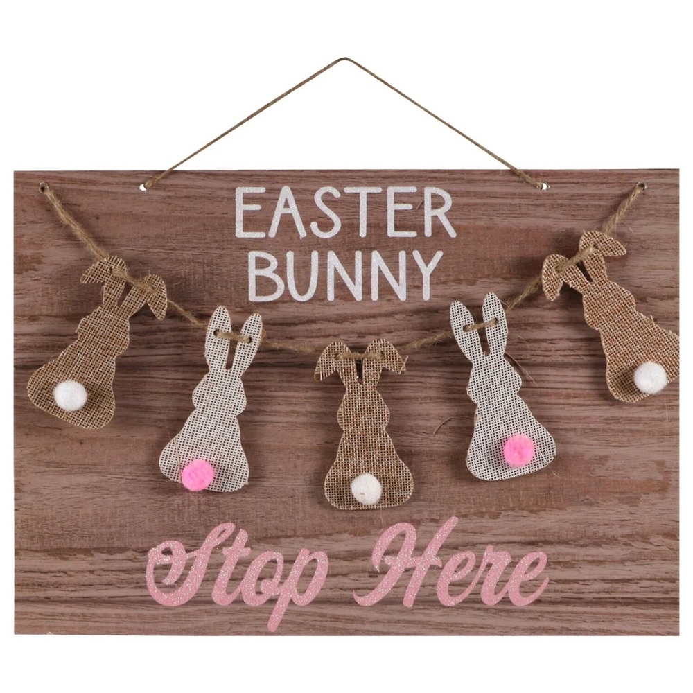 NWT Hanging Wall Decor with Hanging Bunny & Glitter Easter Bunny Stop Here